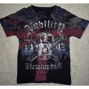 Nobility Y2K Graphic T-Shirt L Black Red Blue Skull Cross Distressed Gothic